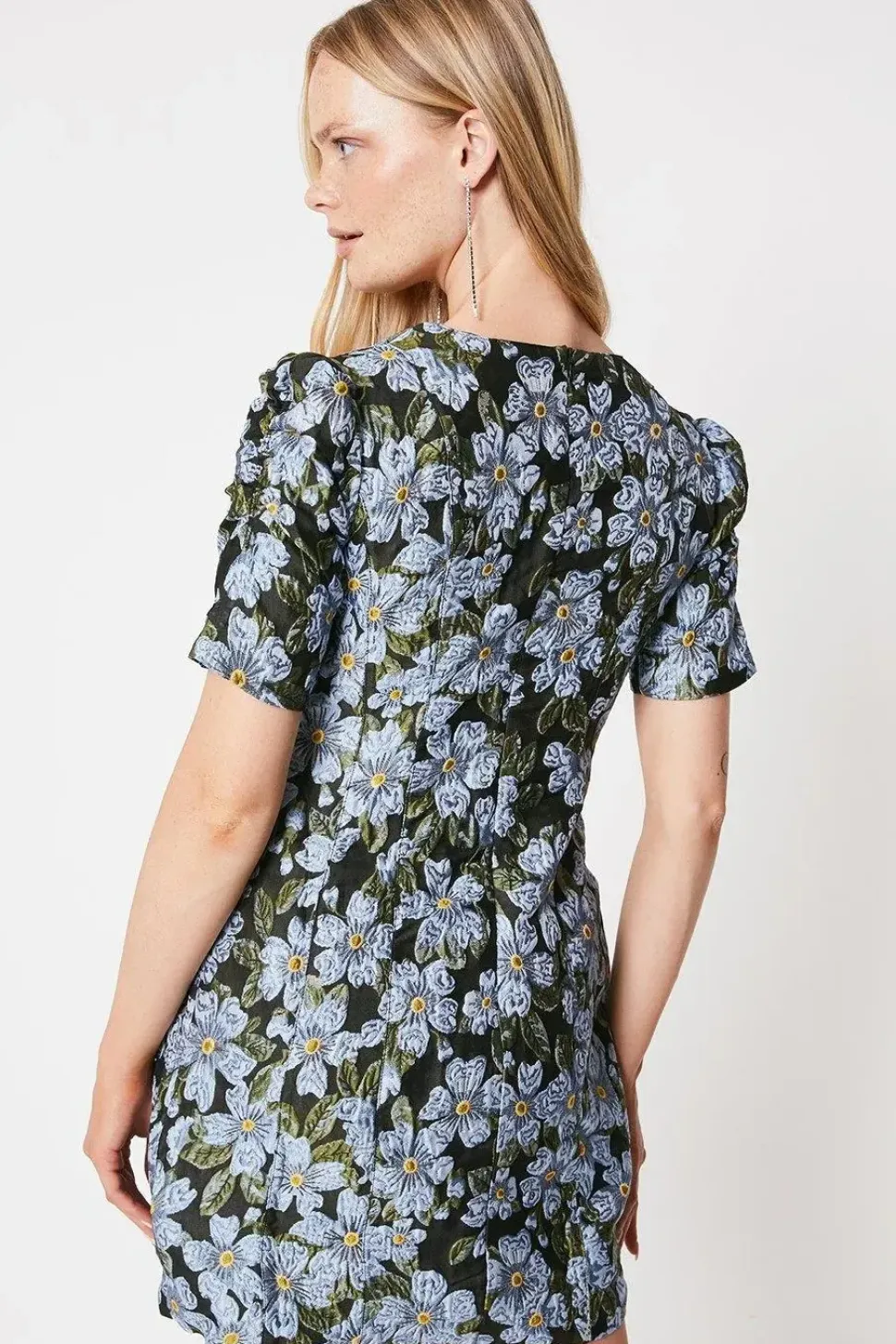 Black Floral Jacquard Puff Sleeve Mini Dress