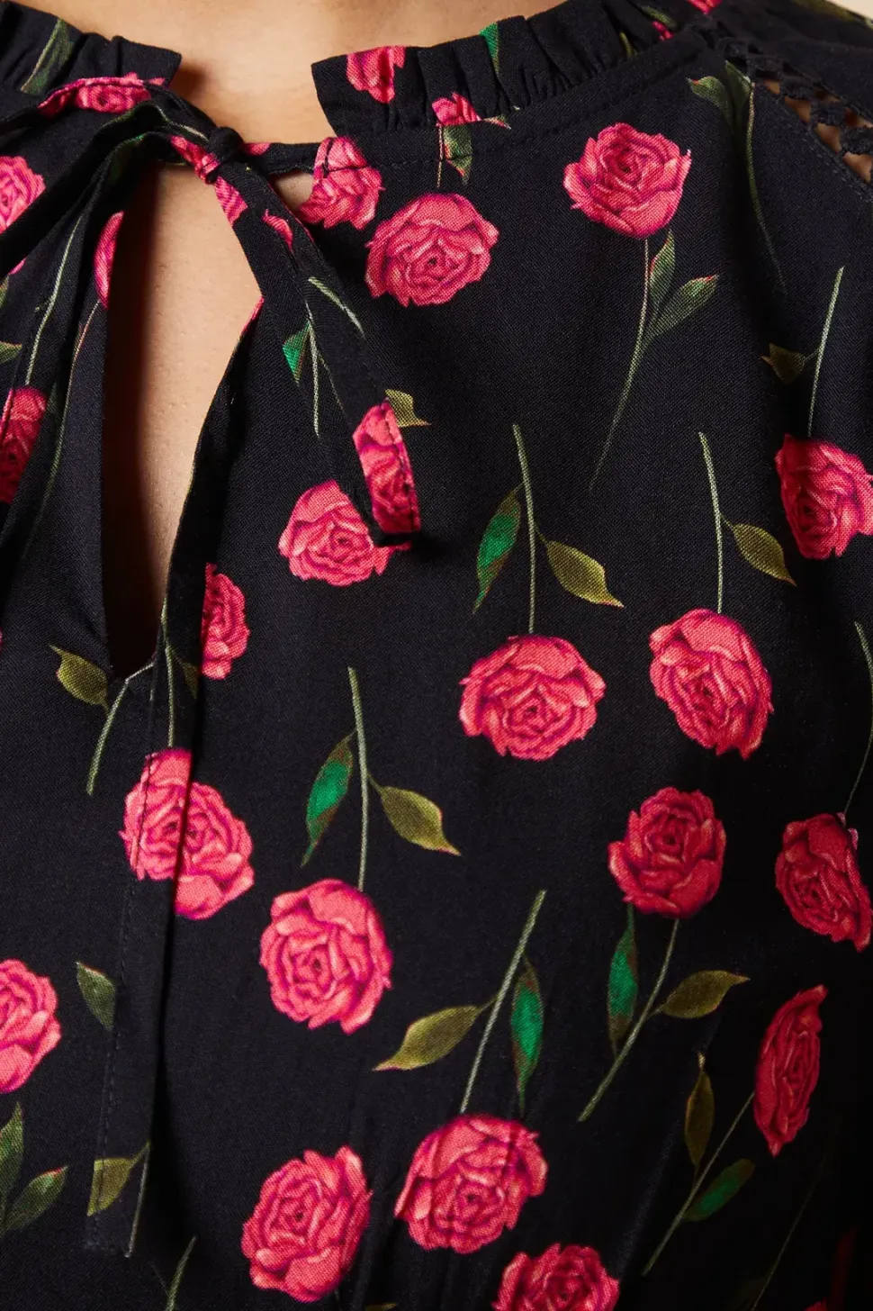 Black Floral Lace Trim Overhead Blouse