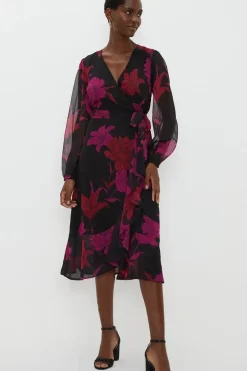 Black Floral Long Sleeved Tier Hem Wrap Dress