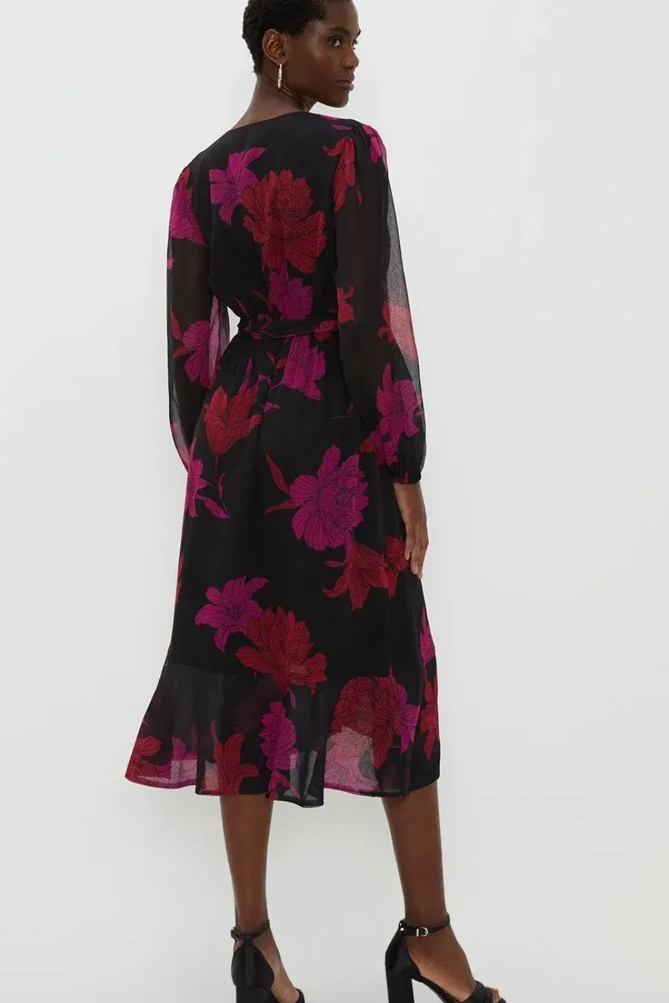 Black Floral Long Sleeved Tier Hem Wrap Dress