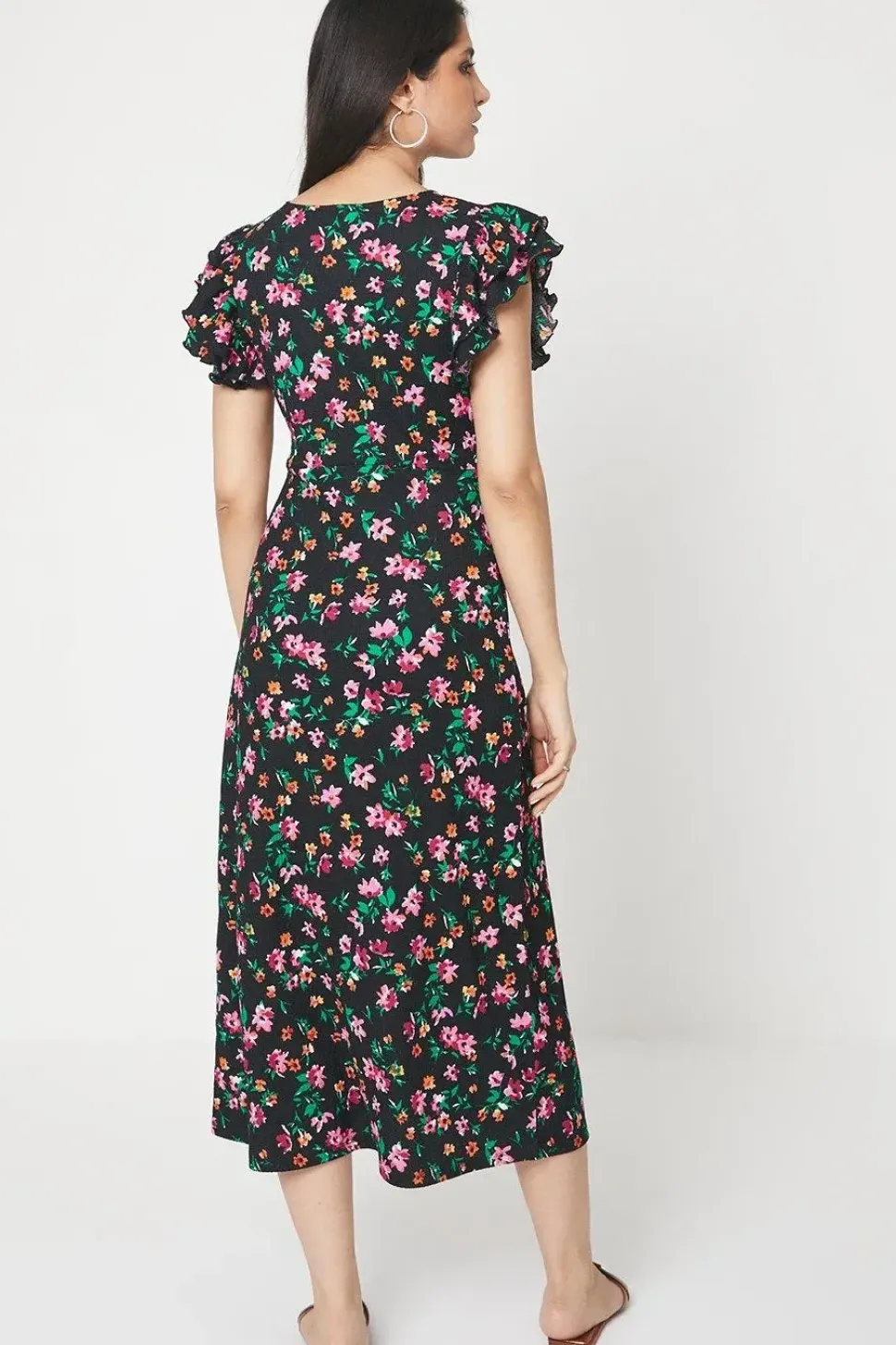 Black Floral Print Ruffle Sleeve Empire Midi Dress