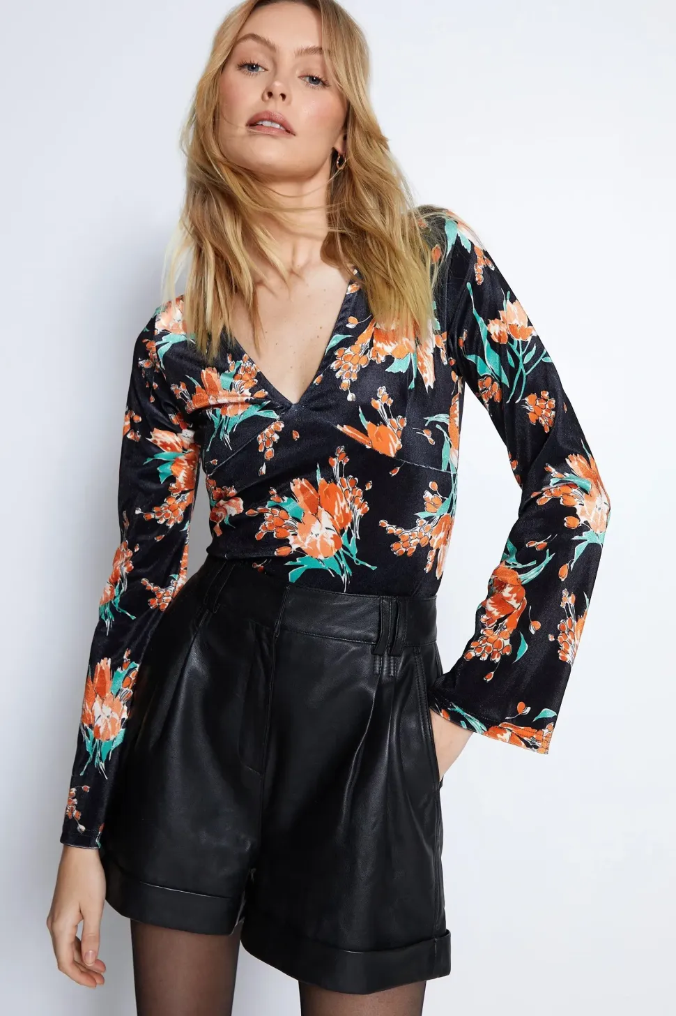 Black Floral Print Velvet Cut Out Corset Style Top
