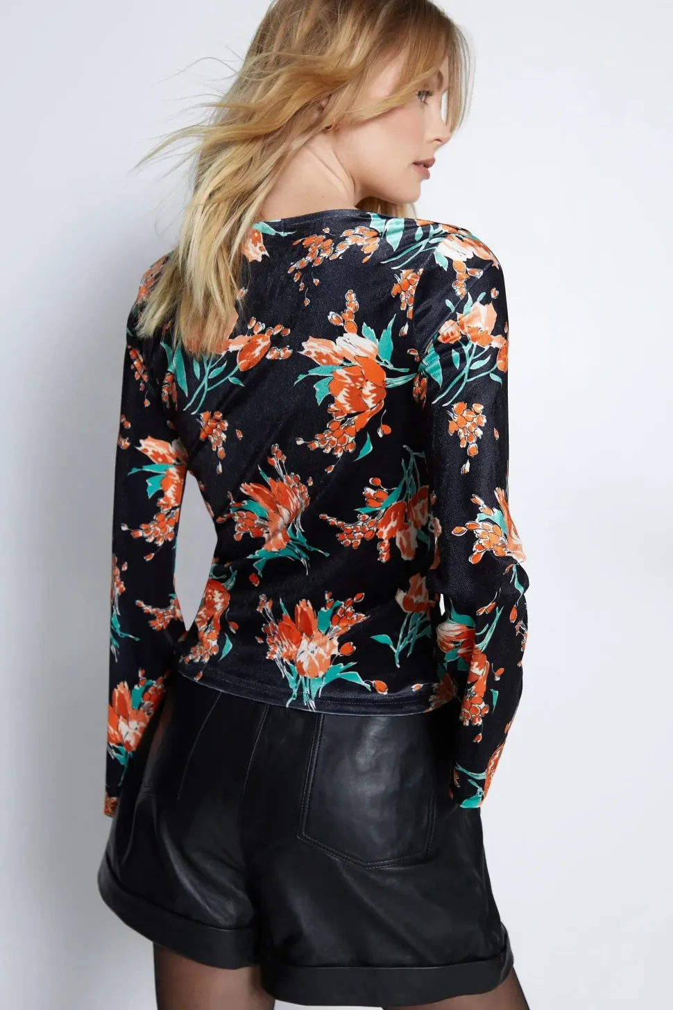 Black Floral Print Velvet Cut Out Corset Style Top