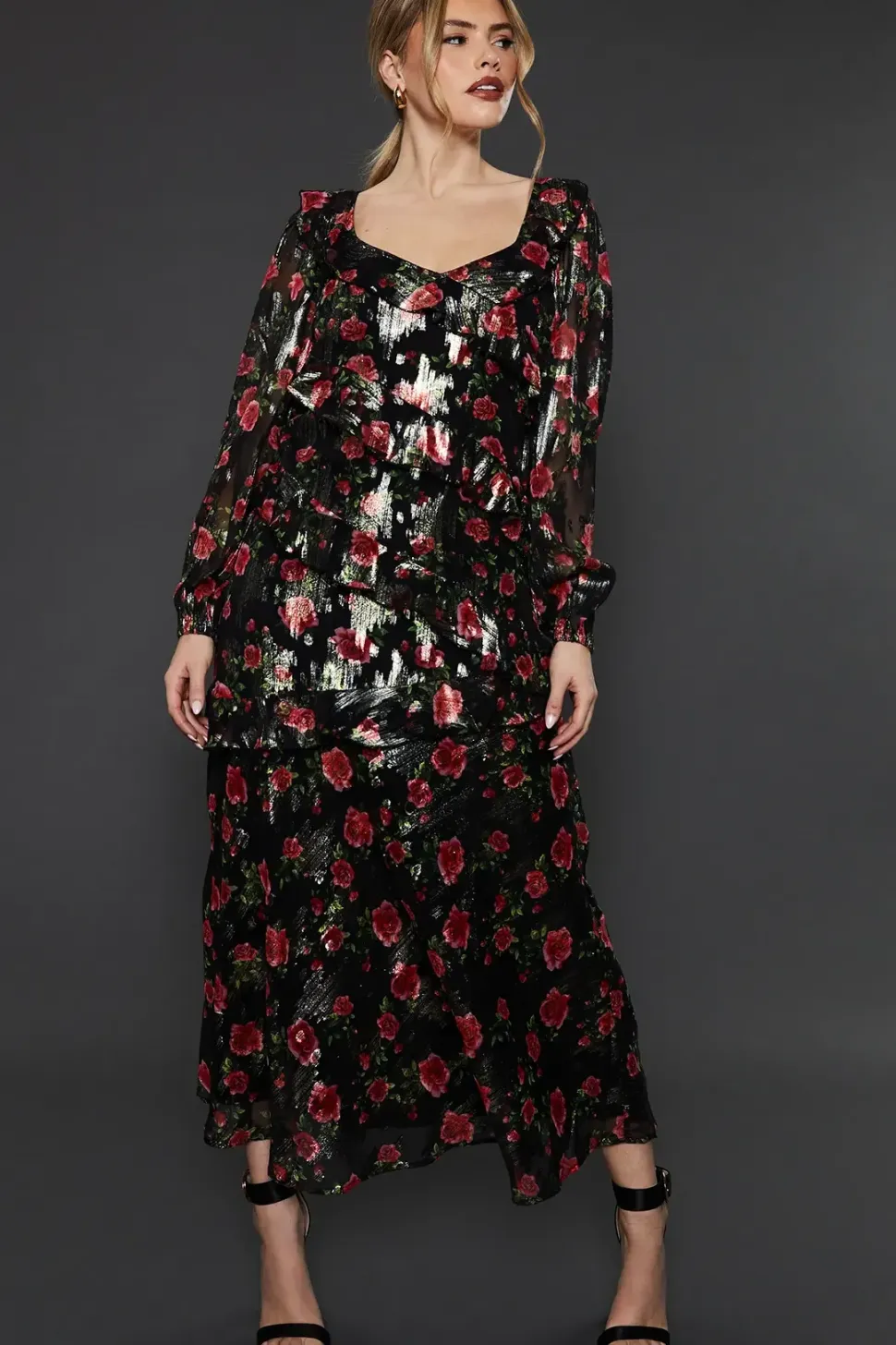 Black Floral Ruffle Long Sleeve Chiffon Metallic Midi Dress