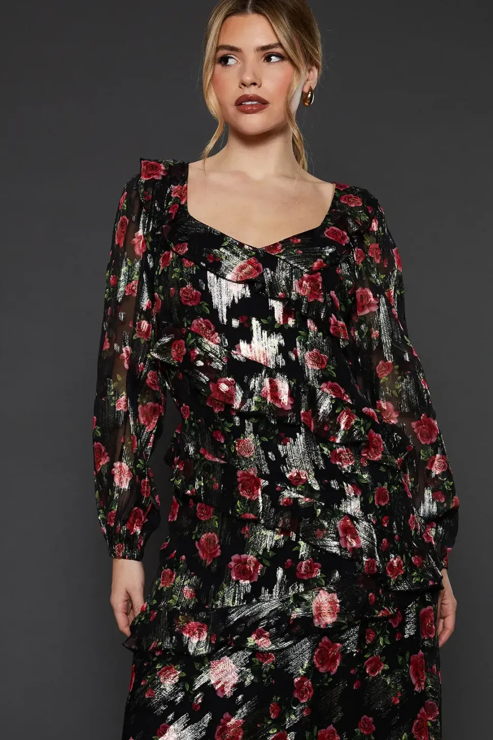 Black Floral Ruffle Long Sleeve Chiffon Metallic Midi Dress