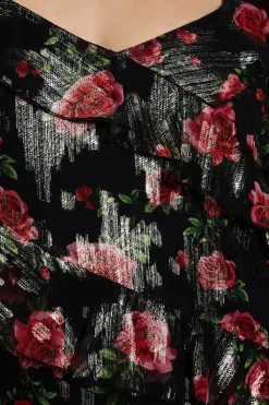 Black Floral Ruffle Long Sleeve Chiffon Metallic Midi Dress