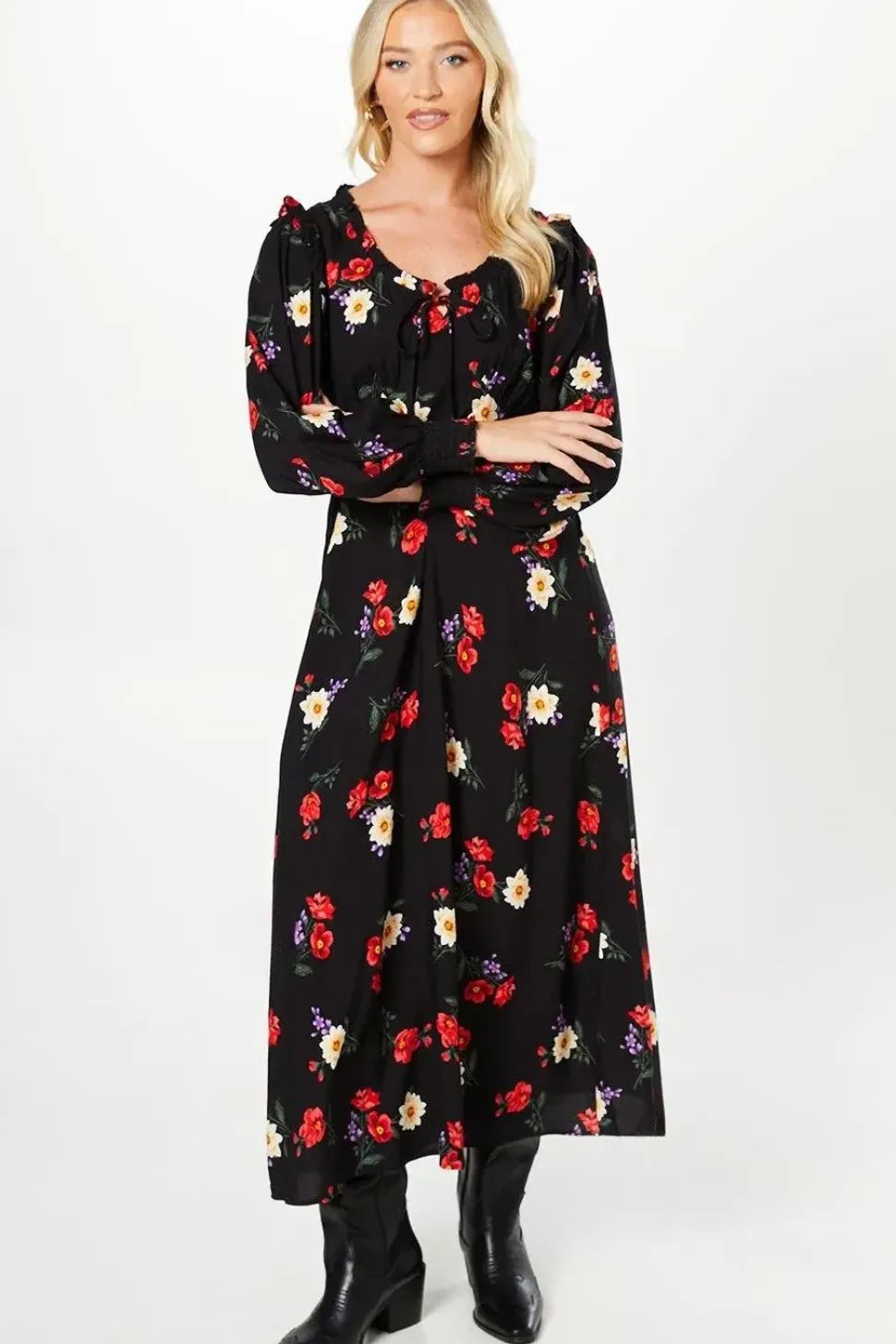 Black Floral Tie Front Shirred Cuff Midi Dress