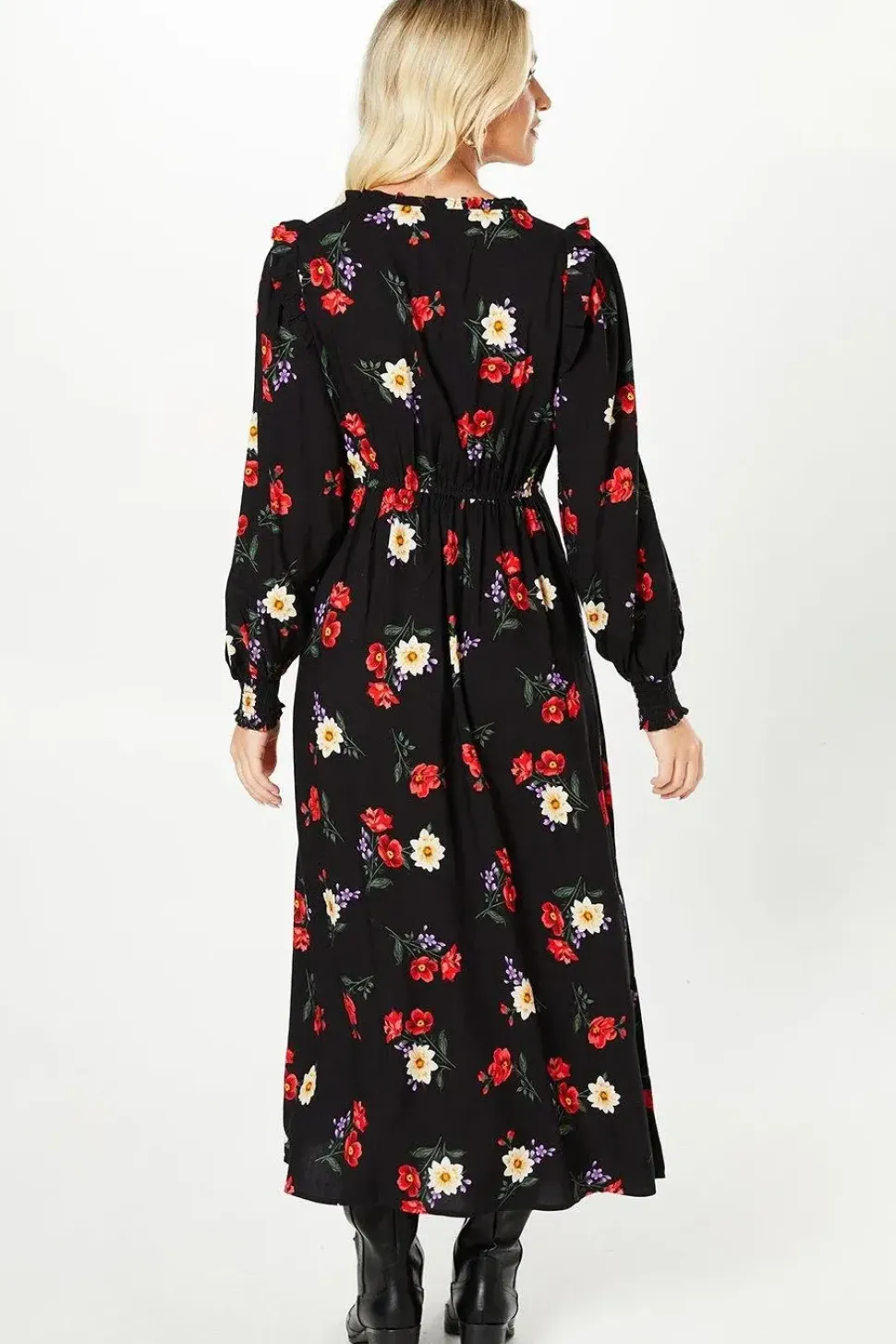 Black Floral Tie Front Shirred Cuff Midi Dress