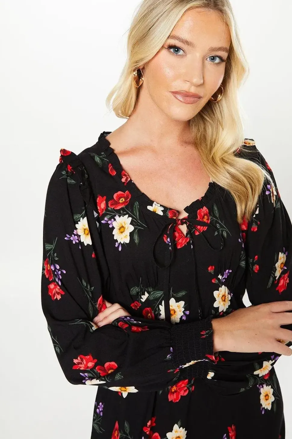 Black Floral Tie Front Shirred Cuff Midi Dress