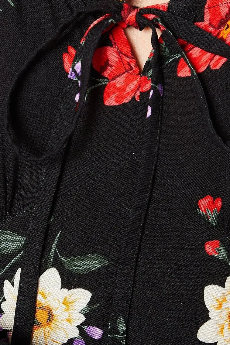 Black Floral Tie Front Shirred Cuff Midi Dress