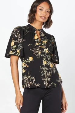Black Floral Twist Neck Keyhole Blouse