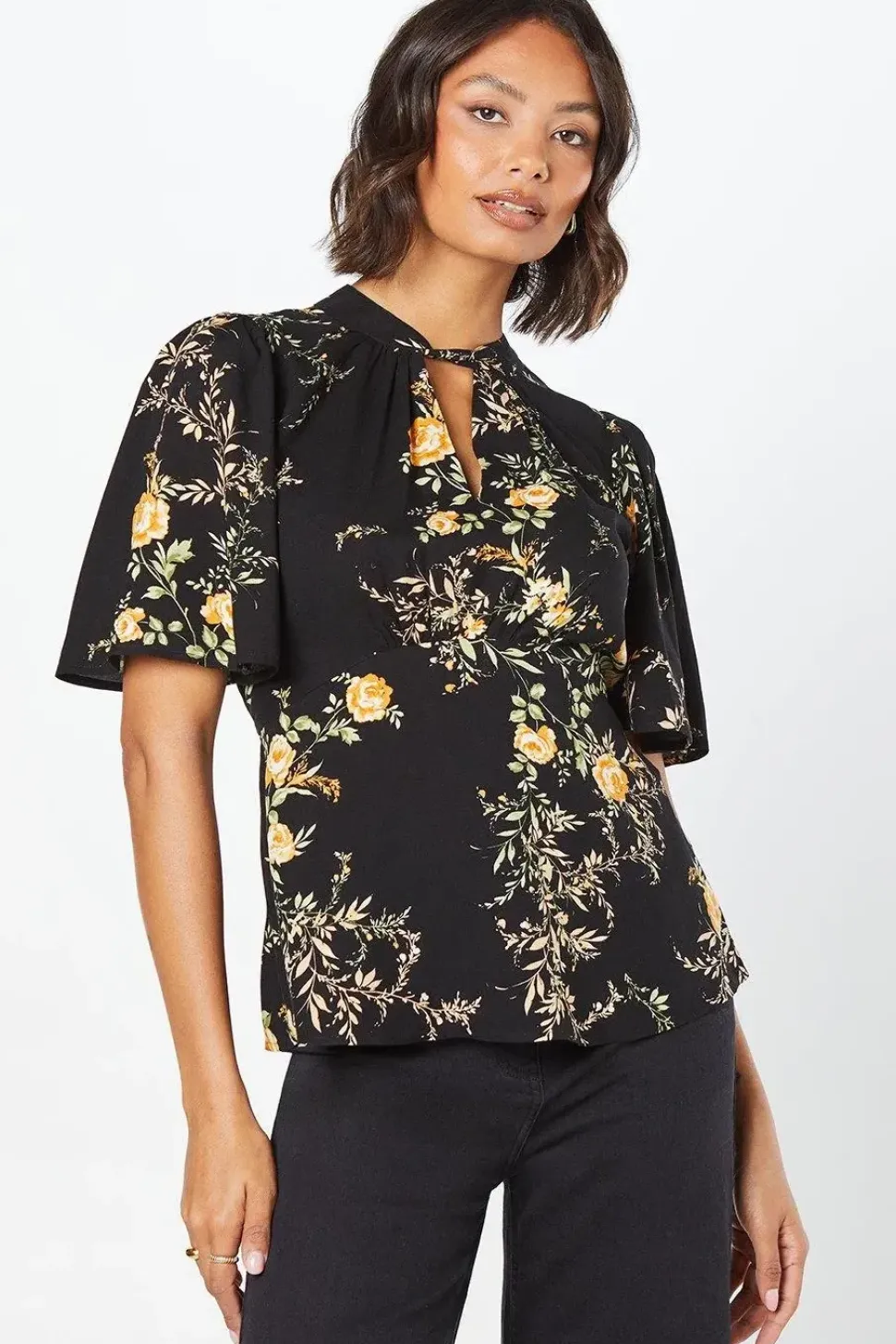 Black Floral Twist Neck Keyhole Blouse