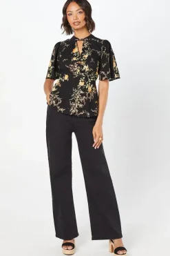 Black Floral Twist Neck Keyhole Blouse
