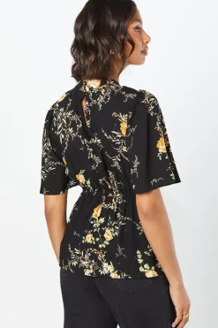 Black Floral Twist Neck Keyhole Blouse