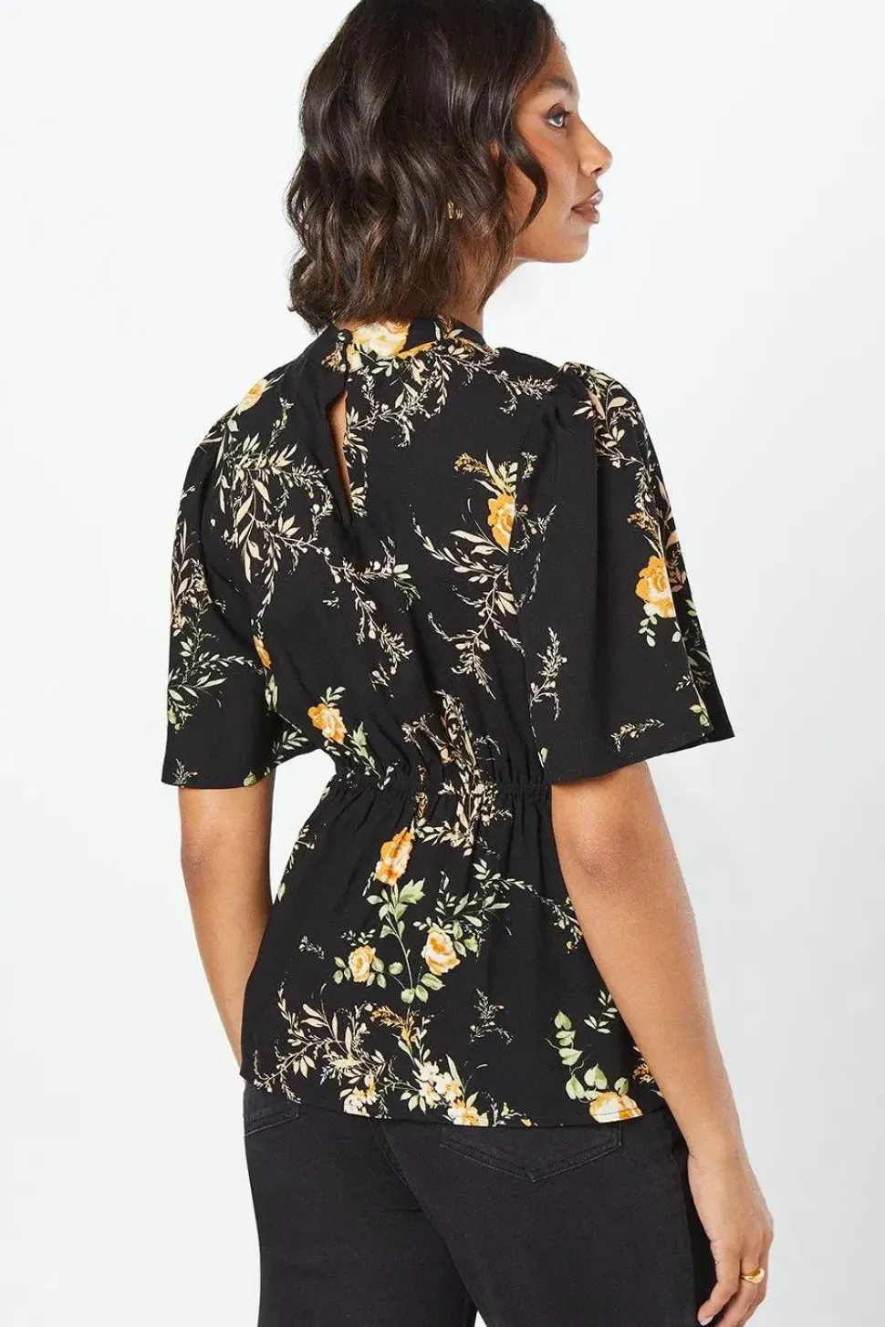 Black Floral Twist Neck Keyhole Blouse