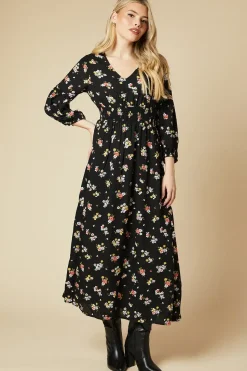 Black Floral V Neck Midi Dress