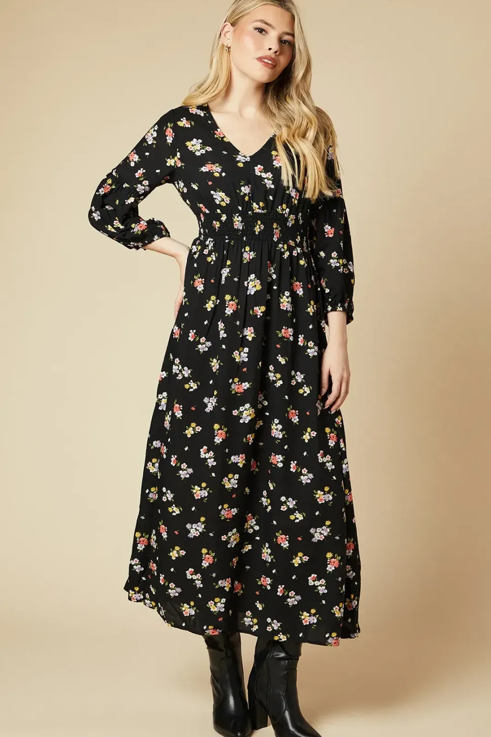 Black Floral V Neck Midi Dress