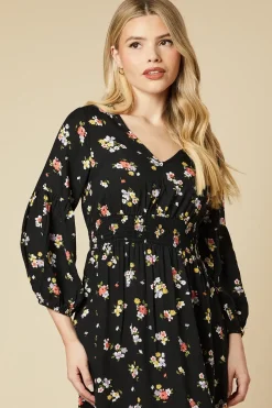 Black Floral V Neck Midi Dress