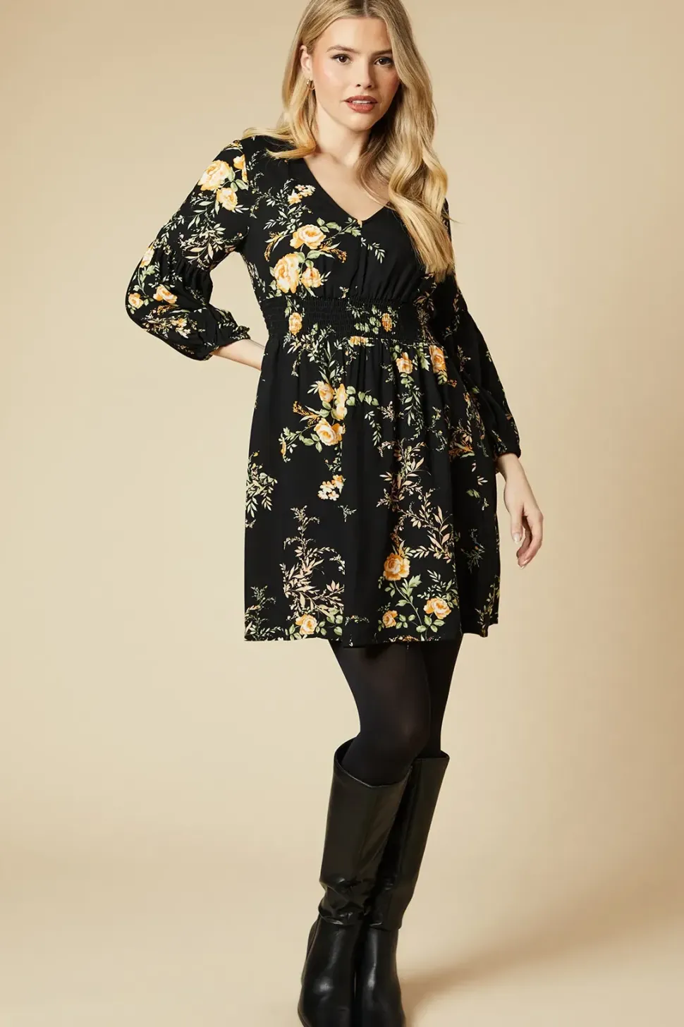Black Floral V Neck Mini Dress