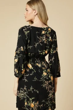 Black Floral V Neck Mini Dress