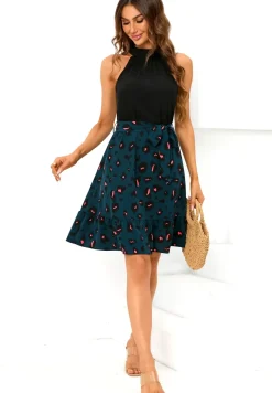 Black Halterneck Top 2 In 1 Mini Dress In Blue Leopard Print
