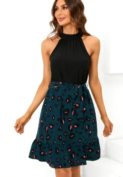 Black Halterneck Top 2 In 1 Mini Dress In Blue Leopard Print