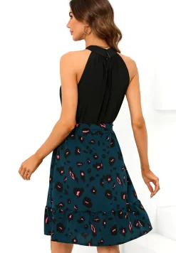 Black Halterneck Top 2 In 1 Mini Dress In Blue Leopard Print