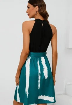 Black Halterneck Top 2 In 1 Mini Dress In Blue Print