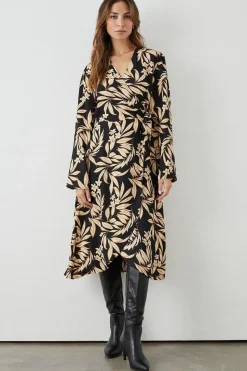 Black Leaf Tie Wrap Dress