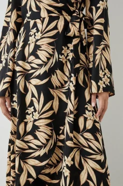 Black Leaf Tie Wrap Dress
