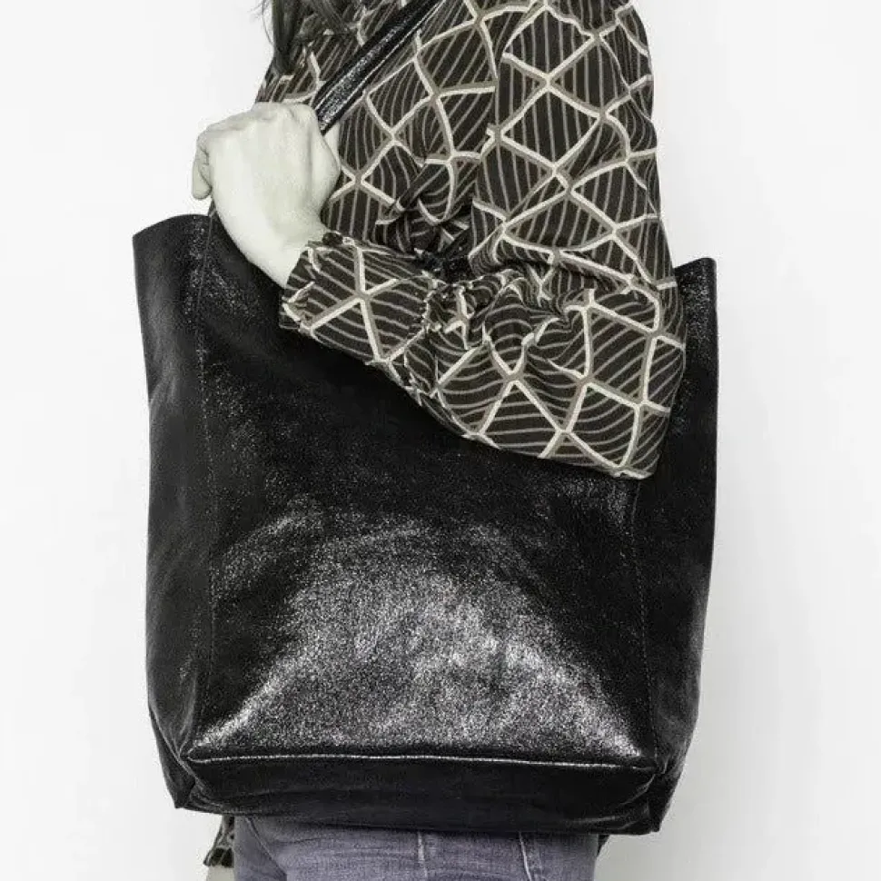 Black Metallic Leather Tote Shopper Bag | BIXNN