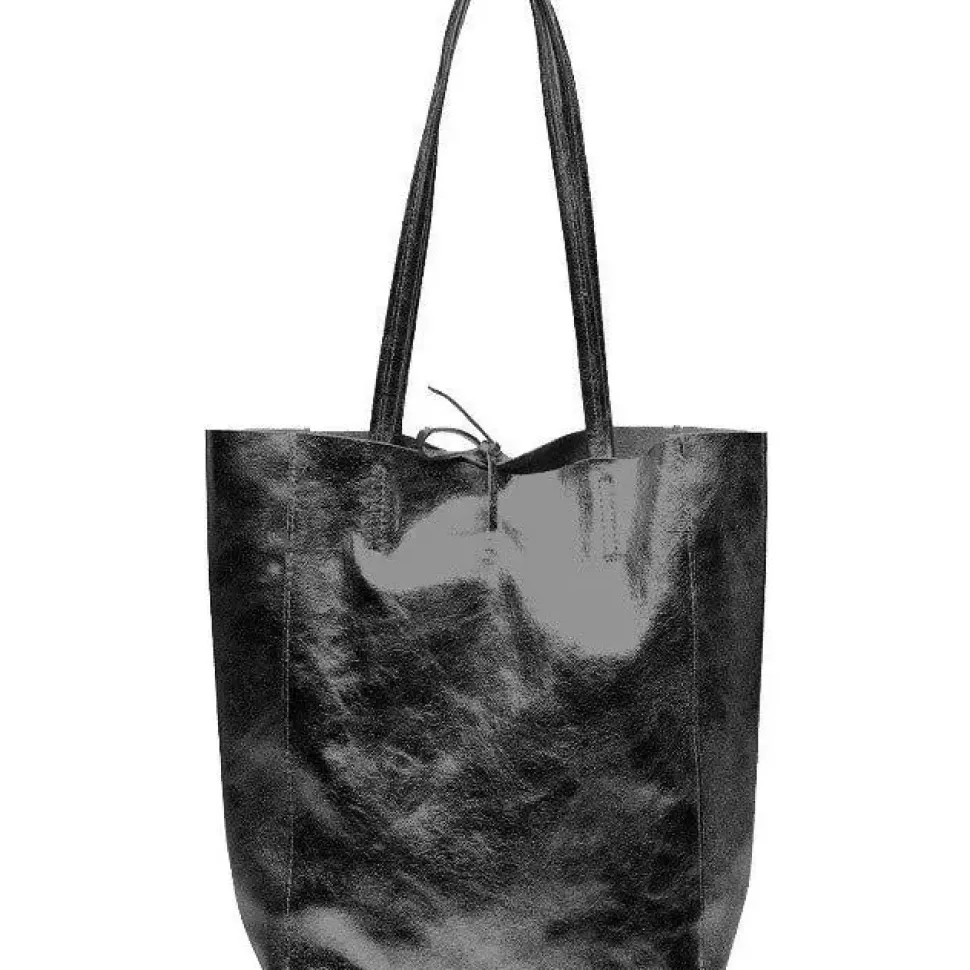 Black Metallic Leather Tote Shopper Bag | BIXNN