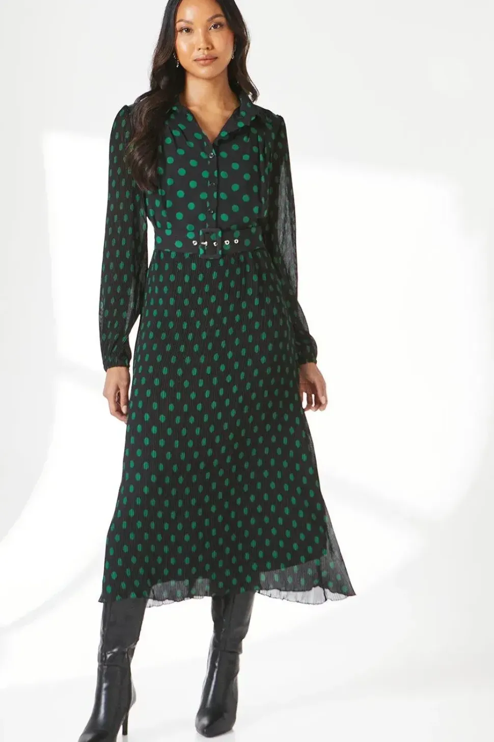 Black Micro Pleat Belted Shirt Dress