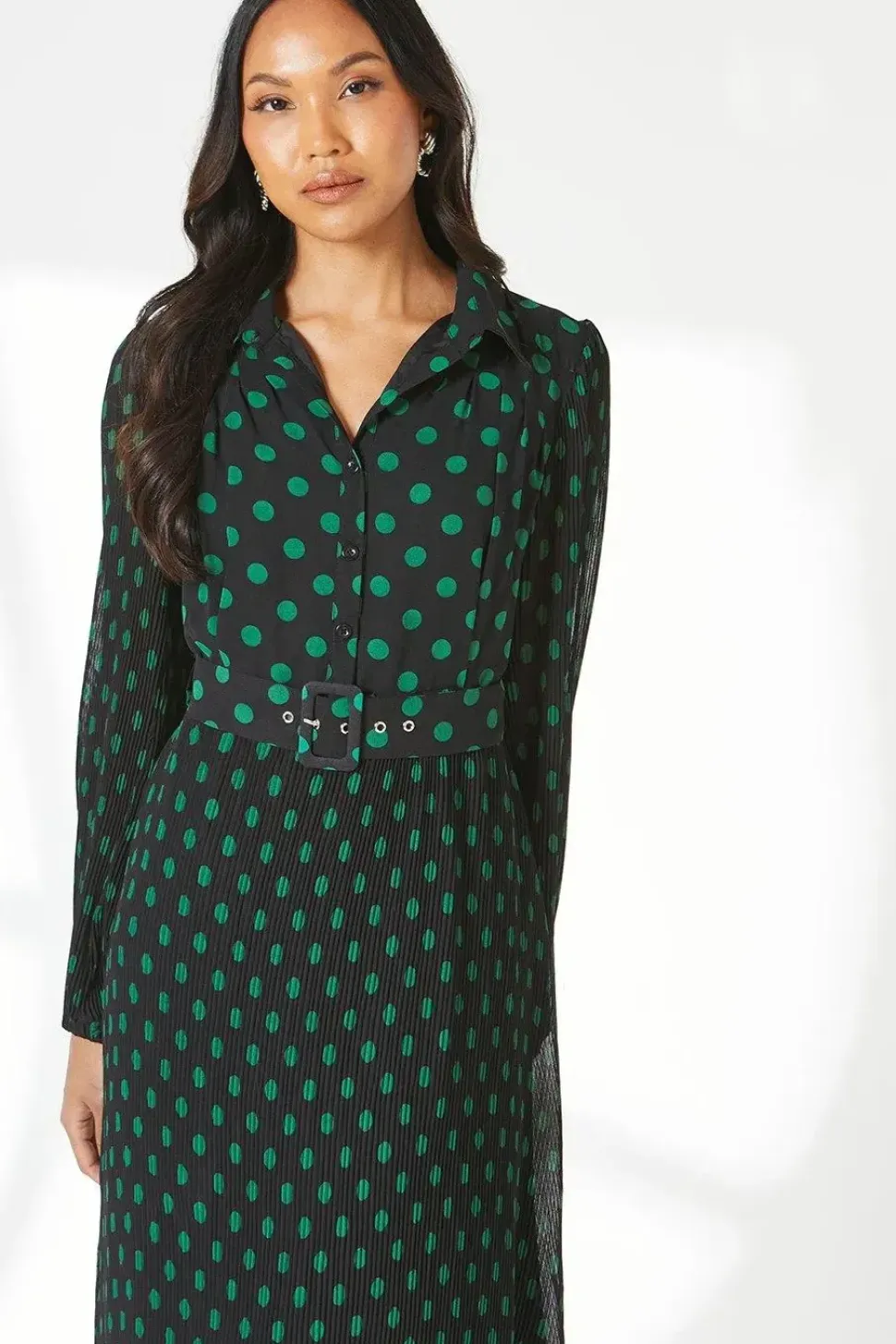 Black Micro Pleat Belted Shirt Dress