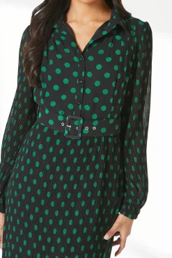 Black Micro Pleat Belted Shirt Dress