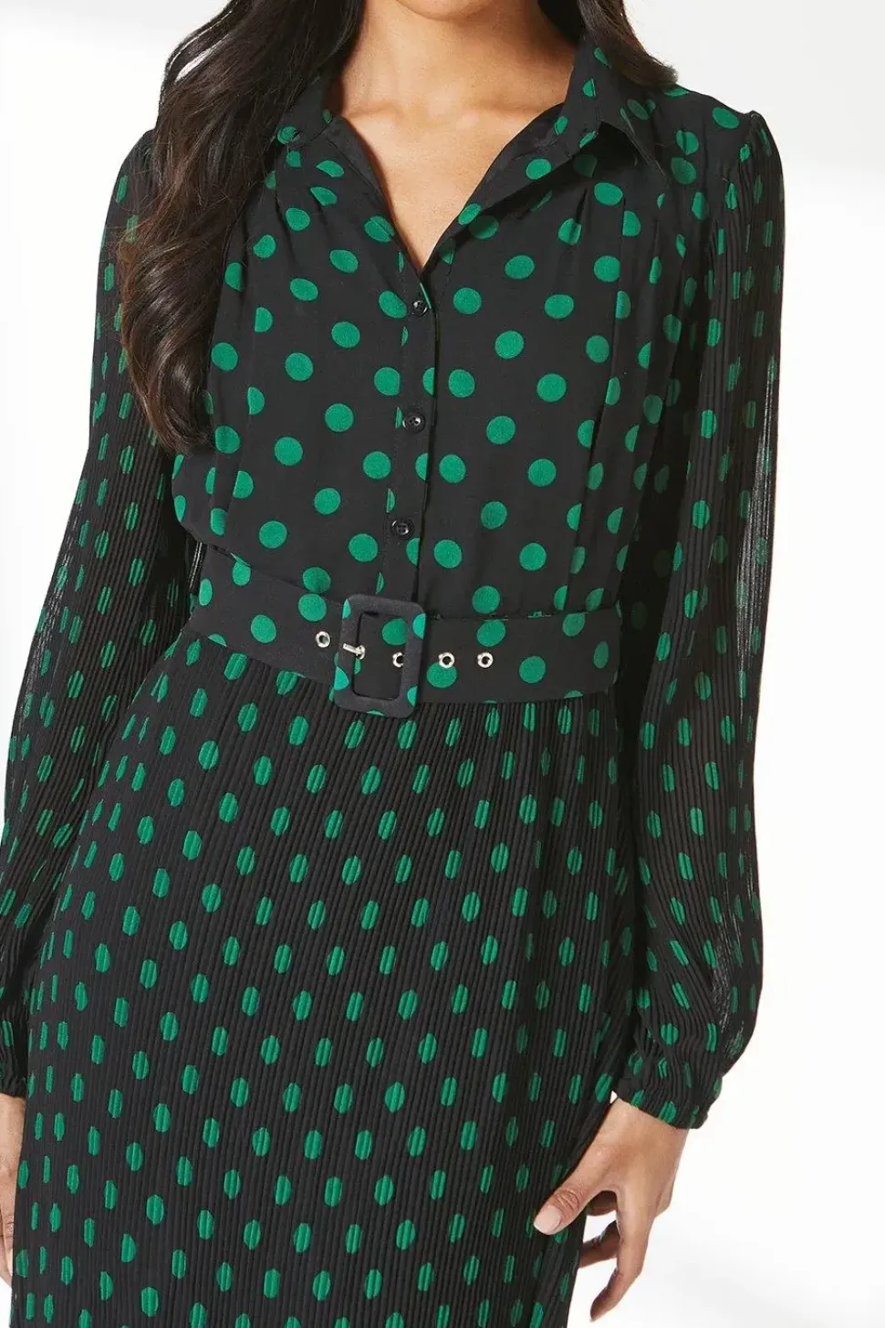 Black Micro Pleat Belted Shirt Dress