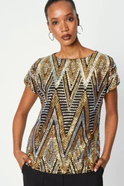 Black Multi Sequin Cold Shoulder Top