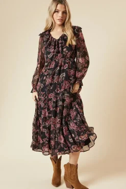 Black Paisley Chiffon Ruffle Midaxi Dress