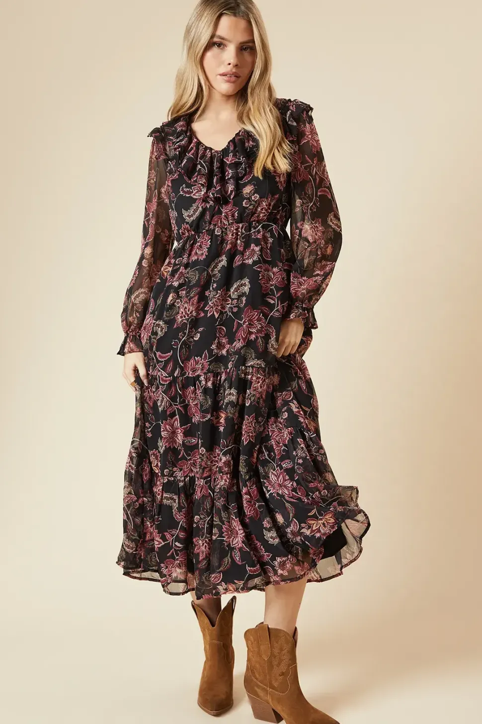Black Paisley Chiffon Ruffle Midaxi Dress