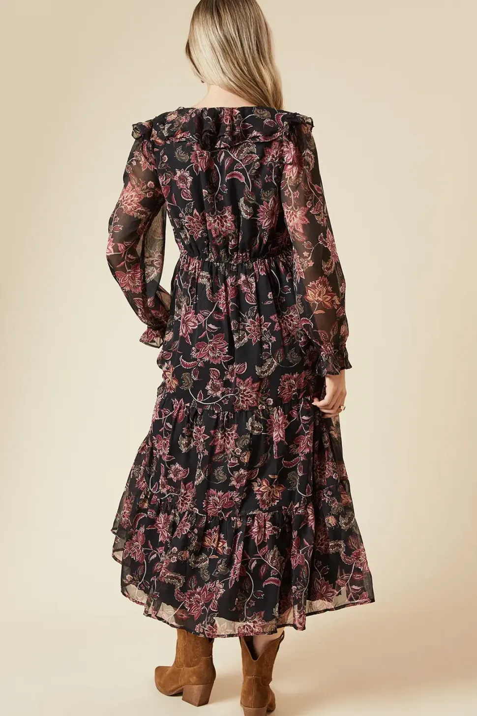 Black Paisley Chiffon Ruffle Midaxi Dress