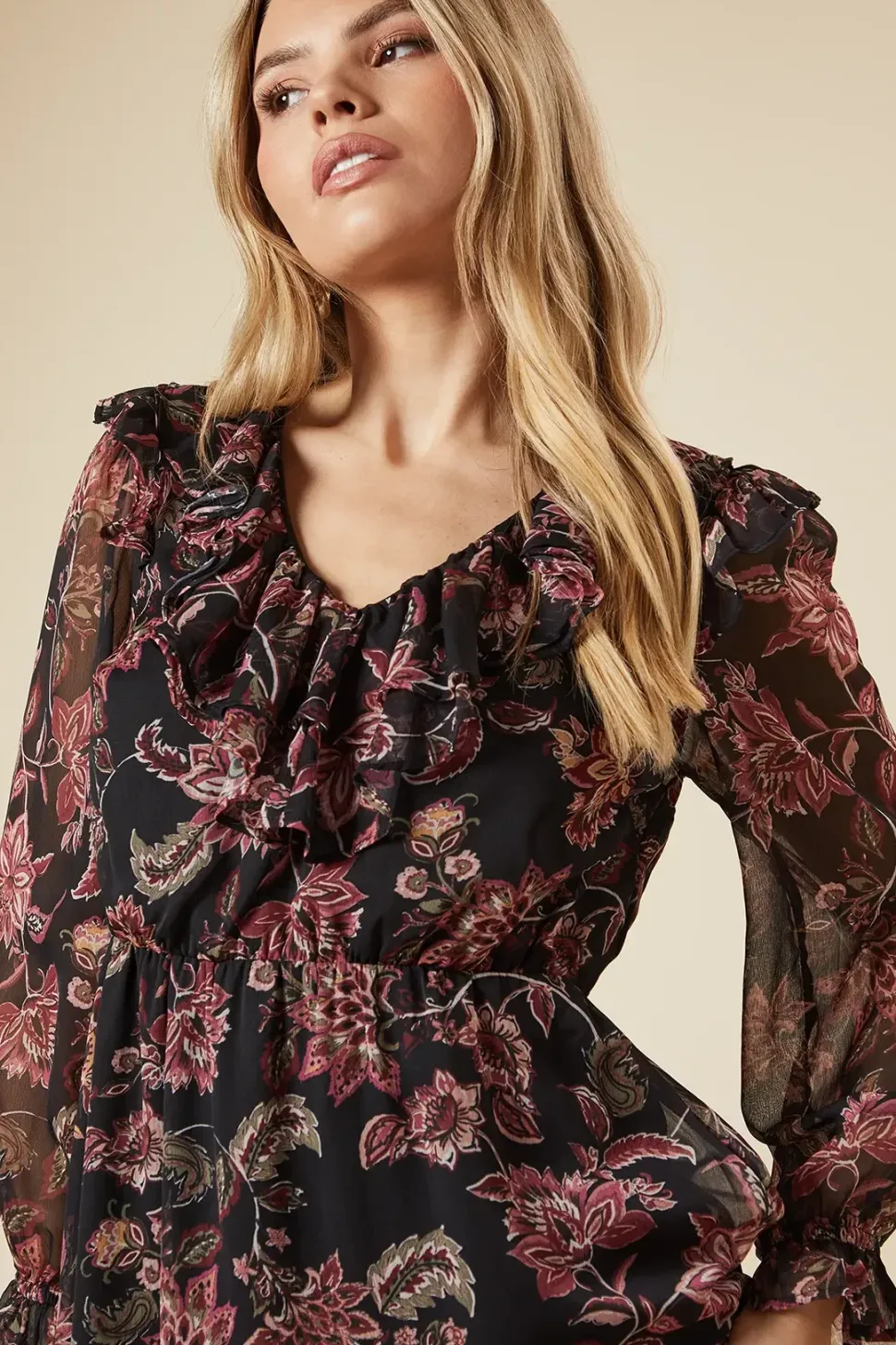 Black Paisley Chiffon Ruffle Midaxi Dress