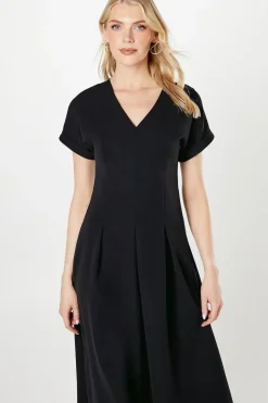 Black Pleat Detail Midi Dress