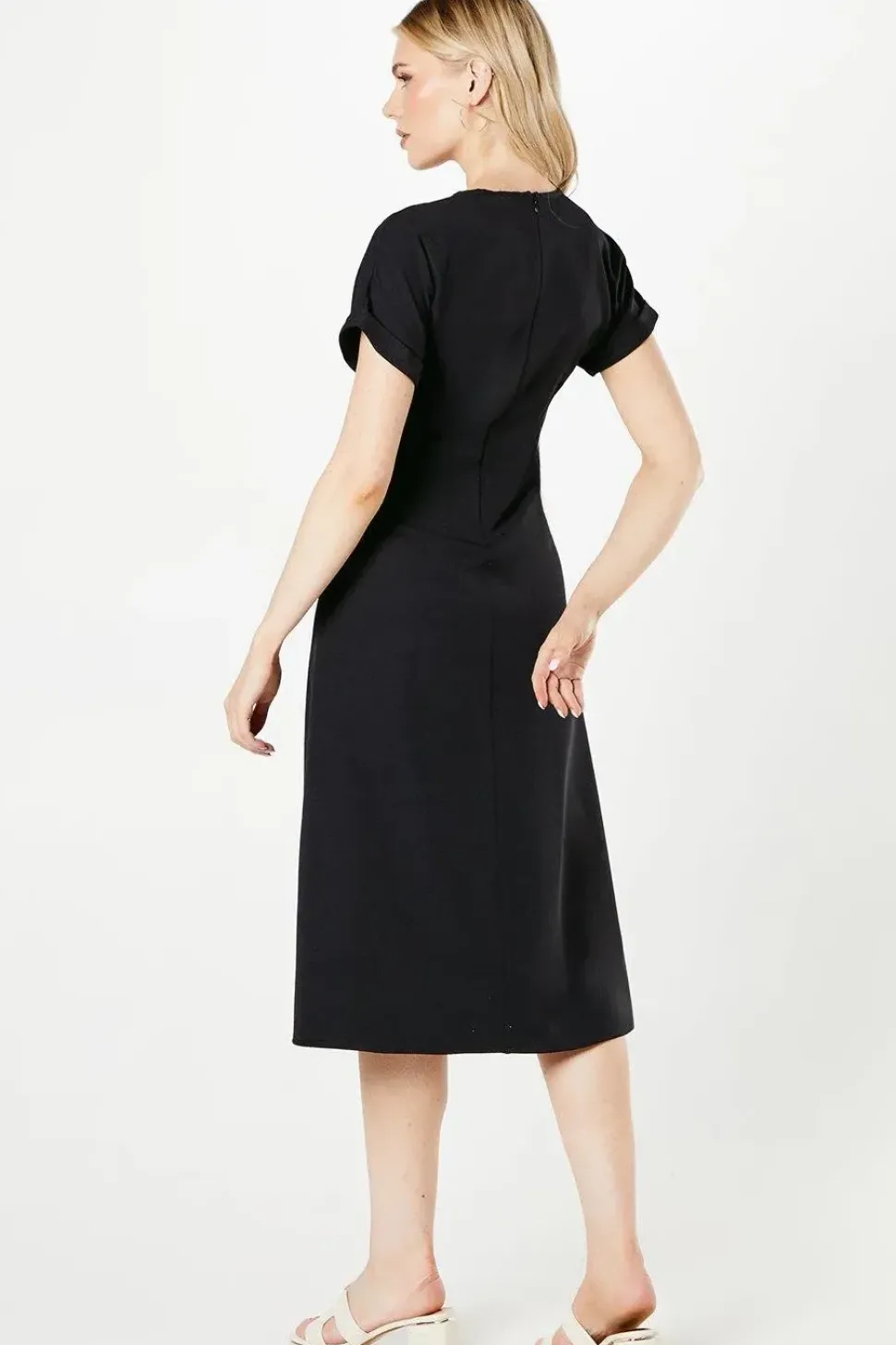 Black Pleat Detail Midi Dress