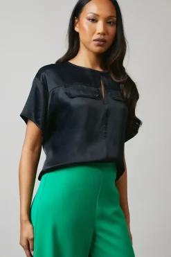 Black Pocket Detail Viscose Satin Top