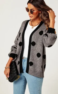 Black Polka Dot Pattern Cardigan Top In Charcoal Grey