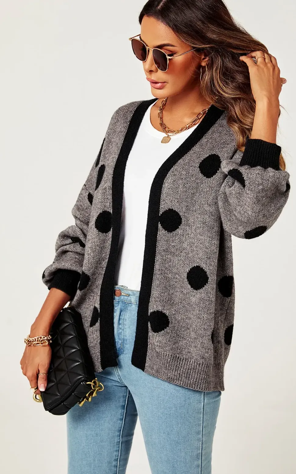 Black Polka Dot Pattern Cardigan Top In Charcoal Grey