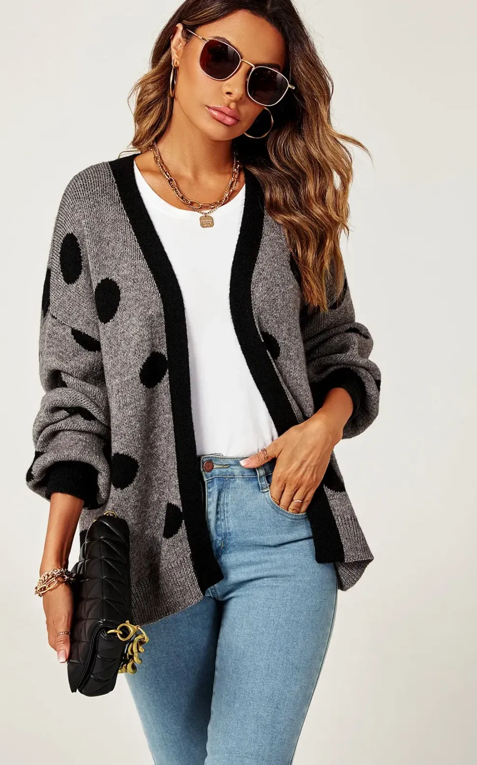 Black Polka Dot Pattern Cardigan Top In Charcoal Grey