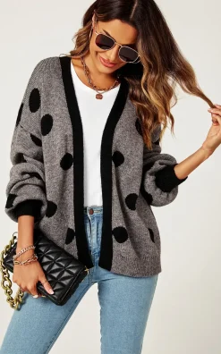Black Polka Dot Pattern Cardigan Top In Charcoal Grey