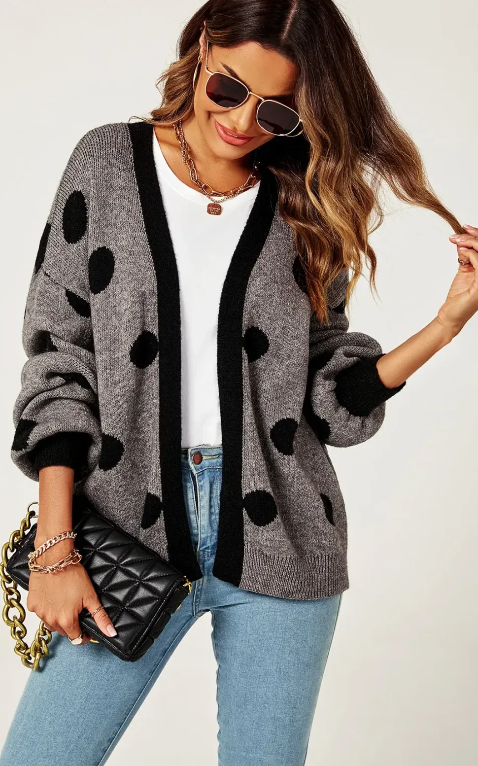 Black Polka Dot Pattern Cardigan Top In Charcoal Grey