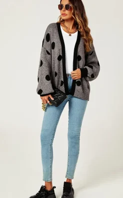 Black Polka Dot Pattern Cardigan Top In Charcoal Grey